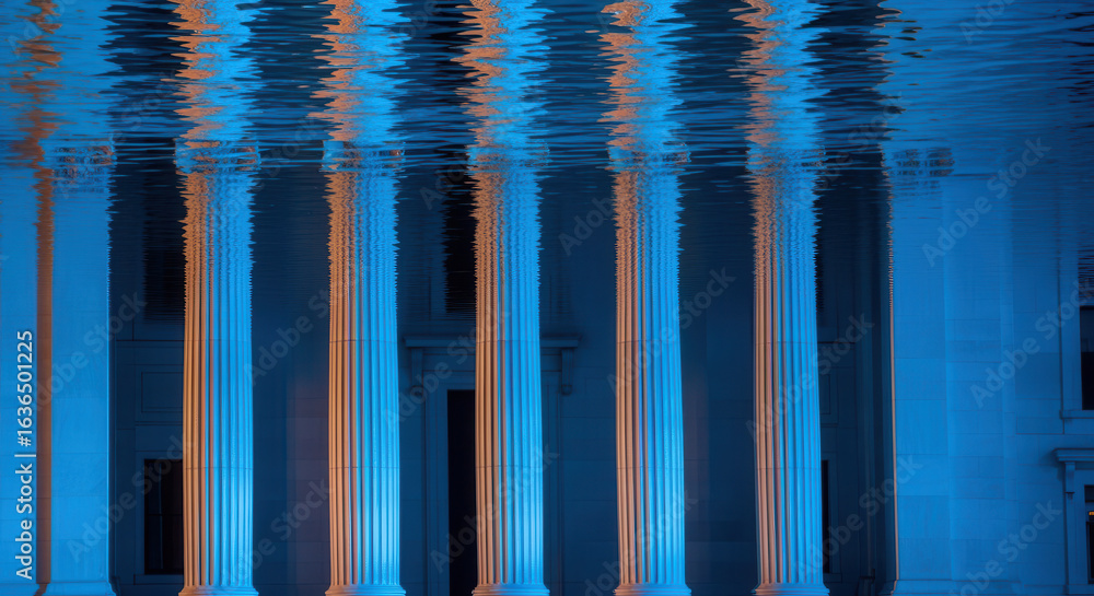 Poster a serene reflection of columns in water, illuminated by blue and orange lights, creating a captivati