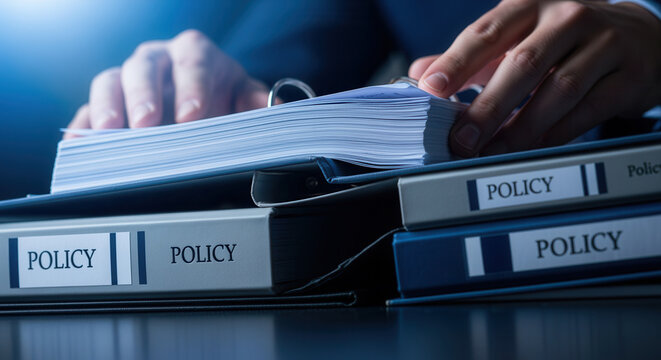 A close-up of hands organizing policy documents in binders, highlighting the importance of documentation and administration in a professional setting.