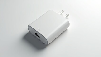 A white, rectangular power adapter, angled on a light surface.