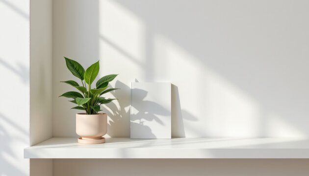 A clean modern and minimalist stock photo of a bookshelf with one book and a spaced plant styled with abundant negative space soft natural lighting and no clutter or human presence designed for calmin