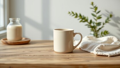 A clean modern and minimalist stock photo of a beige mug on a wood textured tabletop styled with abundant negative space soft natural lighting and no clutter or human presence designed for calming vis
