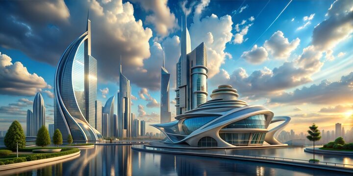 A futuristic cityscape with sleek skyscrapers reflecting in calm waters under a dramatic sky filled with clouds and sunlight breaking through