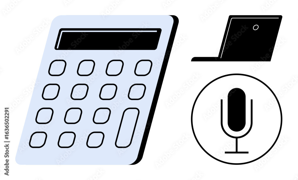 Poster calculator for quick computation, laptop for digital tasks, and microphone for voice input. ideal fo