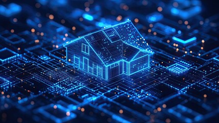 Stunning digital home concept with glowing lines and nodes representing smart technology, perfect for real estate, futuristic concepts, and innovative design projects