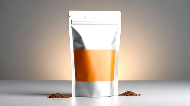 A geometric pouch, with metallic silver and orange panels, stands atop a surface with a small pile of brown powder. The background is gradient