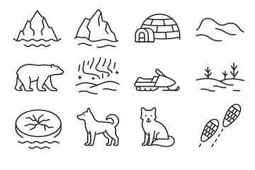 Outline icons of arctic scenes and wildlife: mountains, igloo, polar bear, northern lights, snowmobile