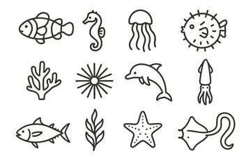 Fototapeta premium Marine life outline icons: fish, seahorse, jellyfish, dolphin, starfish, coral, squid