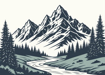Fototapeta premium Majestic Mountain Panorama: A detailed illustration capturing a stunning mountain range scene, with a winding river, trees and peaks set against a subtle backdrop.