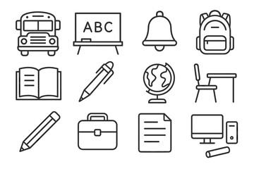 School icon set: bus blackboard bell backpack book pen globe desk pencil briefcase paper computer