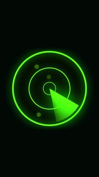 Green Glowing radar ray rotating vertical video. Looped HD radar screen animation with a bright sweeping glow beam representing scanning and signal tracking systems.