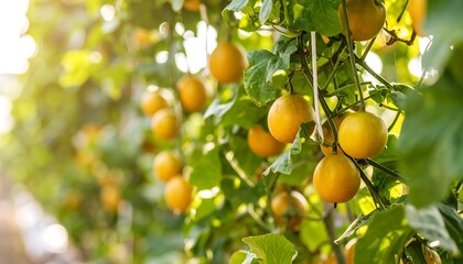 Ripe cantaloupes hanging from vines