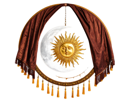Celestial Moon and Sun Tapestry with Ornate Rays, Hanging Display, Isolated - Powered by Adobe