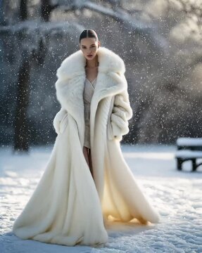 Elegant woman in luxurious white fur coat standing in falling snow outdoors
