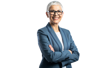 1 - Cheerful Businesswoman in Suit with Glasses and Arms Crossed, Professional Branding Pose, Isolated Transparent Background PNG