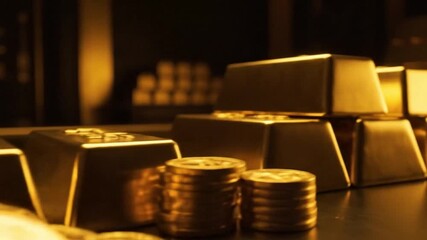 Gleaming gold bars and stacked coins in a secure bank vault, a symbol of wealth, financial reserve, and investment.