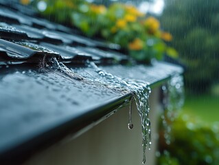Rainwater cascades and drips from a dark shingled roof, showing glistening drops against a blurred backdrop of green foliage and yellow flowers. A refreshing natural scene.