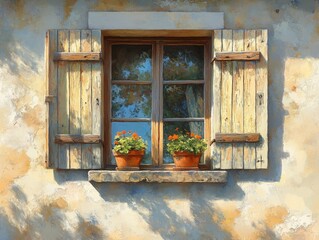 Sunlit Rustic Window with Orange Flowers and Open Shutters: An Impressionistic Oil Painting Capturing the Charm of a Mediterranean or European Countryside Home.