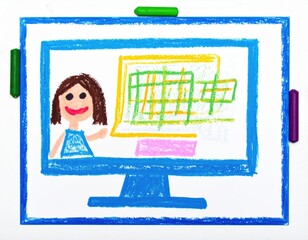Childs Drawing Of Computer Screen With Girl