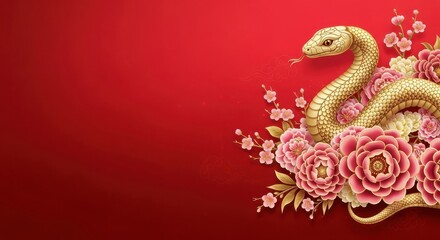 Obraz premium Golden Serpent Embrace Amidst Blooming Flowers and Lunar New Year Celebrations