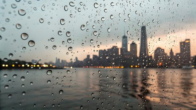 Rainy City Skyline Viewed Through a Window at Dusk