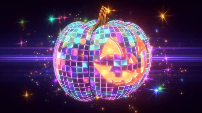 futuristic disco halloween pumpkin, glowing neon jack o lantern with mirror ball texture, vibrant party scene with colorful lights and reflections