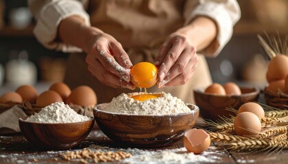 Woman Hands Cracking Egg Over Flour For Baking
