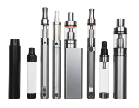 Disassembled Electronic Cigarette Parts with Battery and Tank, top-down layout, isolated