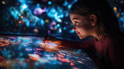 Children draw on an interactive light panel in a science museum, their drawings are projected onto the wall, smiles, joyful emotions, schoolchildren in a media gallery study modern technologies