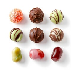Colorful assorted candies and sweets in various shapes and textures on a bright background