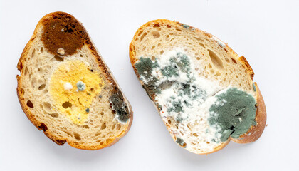 Spoiled bread slice covered in fungus, mold. Food waste awareness. Top view.