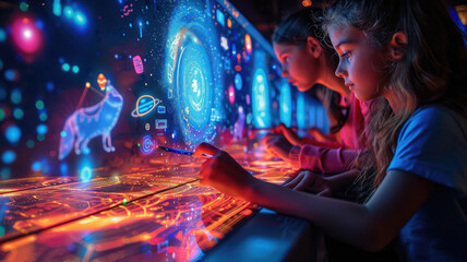 Children draw on an interactive light panel in a science museum, their drawings are projected onto the wall, smiles, joyful emotions, schoolchildren in a media gallery study modern technologies