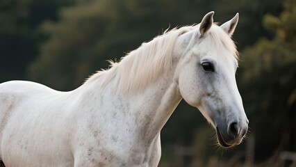 Naklejka premium light gray horse with dark eyes, facing right, standing outside in a field of grass with a blurry tree background