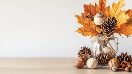 A seasonal display features autumn leaves, pinecones, and acorns arranged in a glass jar on a wooden table, capturing the essence of fall decor