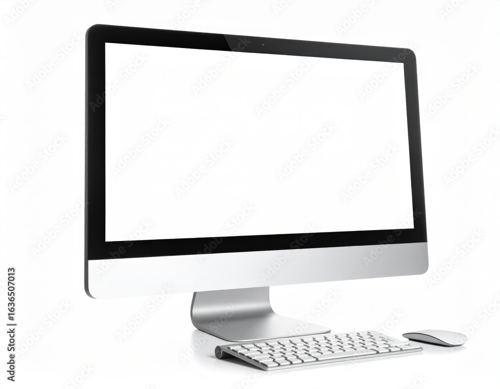 Poster modern desktop computer with keyboard and mouse