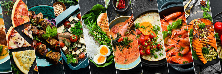 Assortment of cooked food. Collage food in plates, top view. Place for your text, banner of food,...