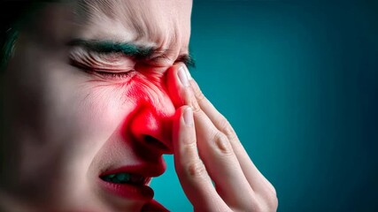 Person with extreme nose pain touching cheek with red light for relief, showing discomfort, sinusitis, sinus infection, sinus headache