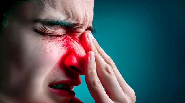 Person with extreme nose pain touching cheek with red light for relief, showing discomfort, sinusitis, sinus infection, sinus headache