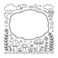 Floral Frame with Clouds and Stars Coloring Page: Cute & Cozy Coloring Book for Relaxation and Creativity. Easy, line art vector illustration, Coloring Pages for Kids & Adults