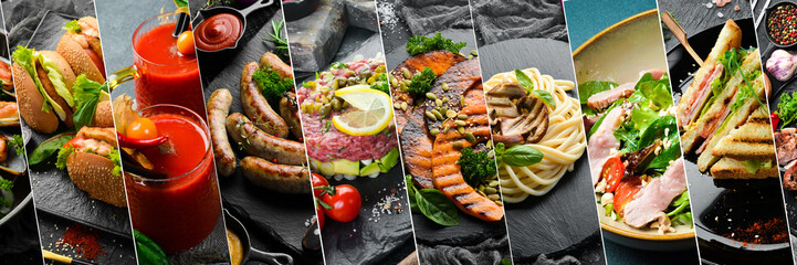Fototapeta premium Background of food, drinks and dishes of European cuisine. on a dark stone background. Photo collage, banner from photos.