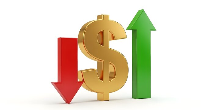 Golden dollar sign with red down arrow and green up arrow