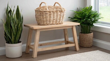 Minimalist wooden bench with wicker basket and indoor plants in bright and airy home setting
