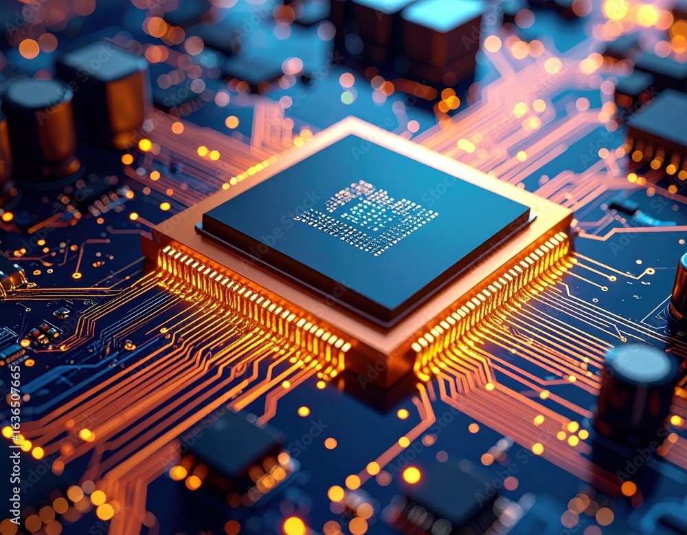 Poster close up of modern electronic circuit board with processor