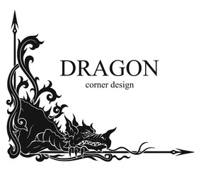 Vector black and white design element with floral ornament and dragon. Сan be used for corner design as a fantasy decorative element.
