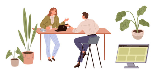 Coworkers sharing ideas at a desk with a laptop and coffee. Green plants adding freshness. Ideal for teamwork, collaboration, workplace, creativity, productivity, remote work, simple flat metaphor