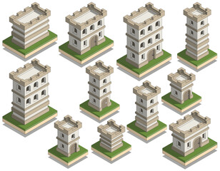 An additional set of castle watchtowers. Isometric. Isolated on white background. Vector illustration. 