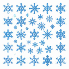 A collection of diverse, stylized blue snowflakes of varying sizes, arranged in a grid pattern on a white background.