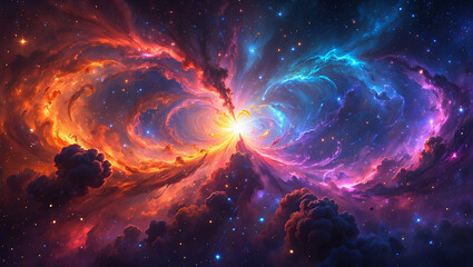 Vast Cosmic Nebula with Swirling Colors and Distant Stars