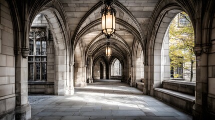 A long, stone-walled passageway with arched ceilings.
