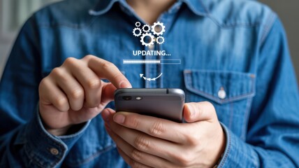 Person updating software on a smartphone with digital gears and progress bar