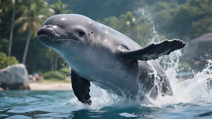 Fototapeta premium dolphin is breaching the water surrounded by splashing waves